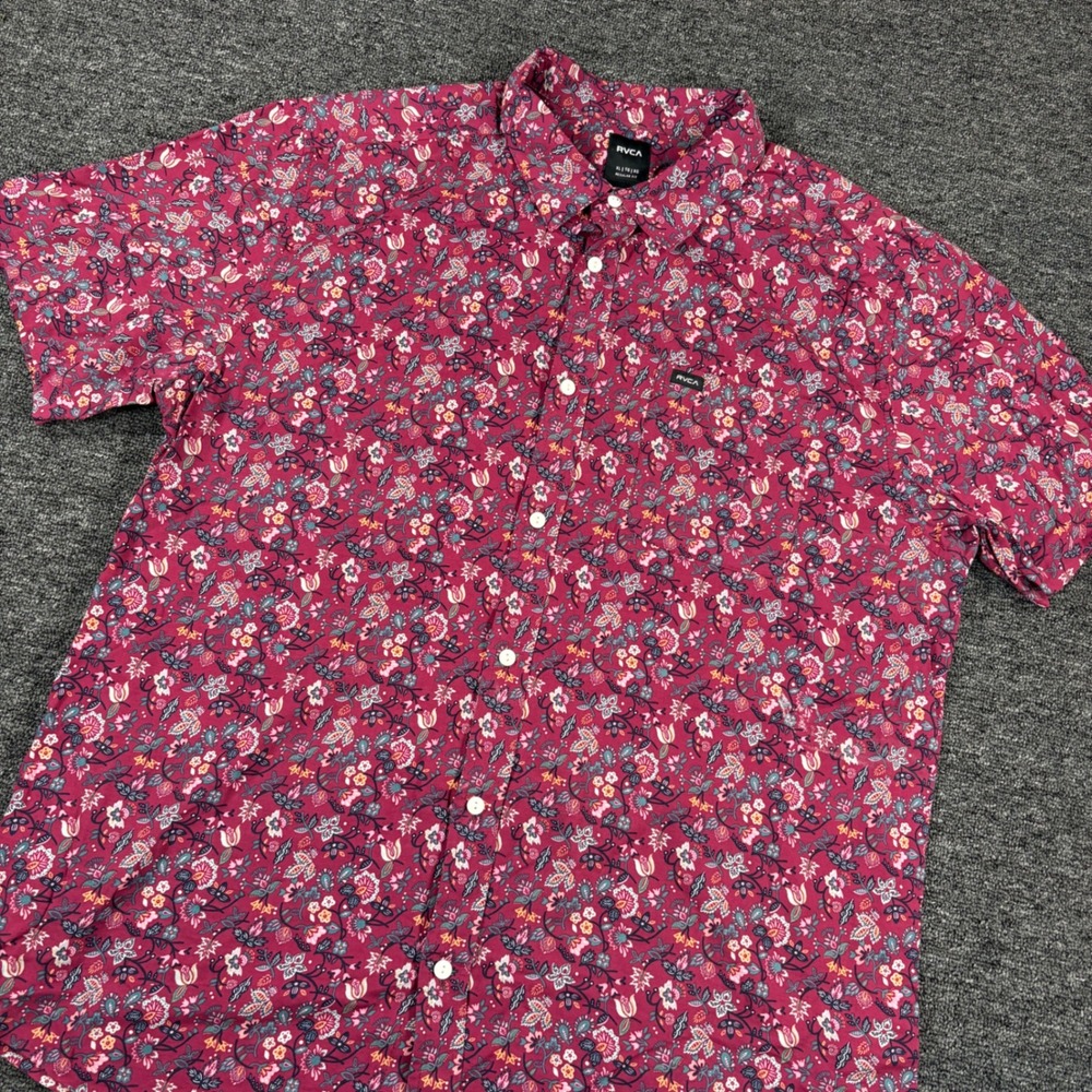 RVCA Button Up Shirt Mens XL Burgundy Floral Short Sleeve Regular Fit